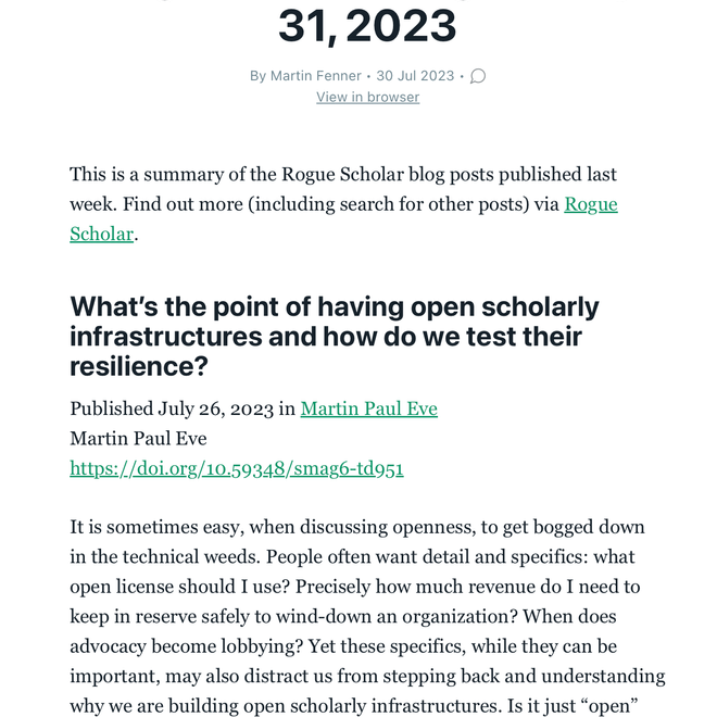 The Rogue Scholar weekly newsletter launches on Wednesday